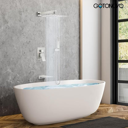 gotonovo Shower System with Tub Spout,Waterfall Tub Shower Faucet Set for Bathroom Head and Handle Set Wall Mounted 3 Function Rough-in Valve and Trim Included 12 inch Shower Head Brushed Nickel - Image 2