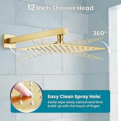 gotonovo Shower System with Tub Spout Wall Mounted Rain Shower Head and Handle Combo Shower Faucet Set with Valve, 12 Inch, Brushed Gold - Image 5
