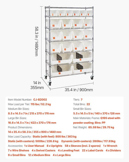 VEVOR 7-Tier Rolling Bin Storage Rack, 22 Organizer Bins, Bin Rack Storage - Image 3