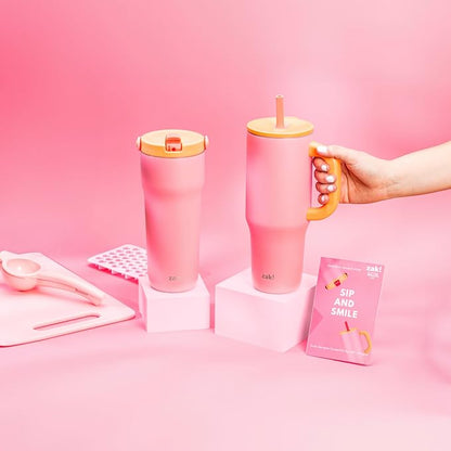 Zak Designs Sutton Travel Tumbler for On the Go, 40oz Stainless Steel with Vacuum Insulation, Silicone Straw, and Carry Handle for Cold Drinks (So Sweet Pink) - Image 10