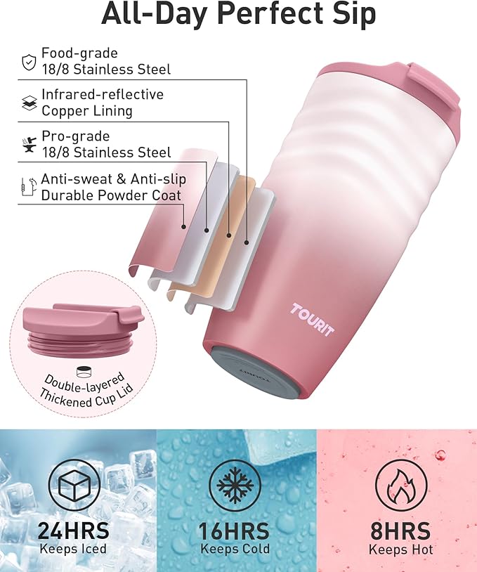 TOURIT 16 oz Travel Coffee Mug, Insulated Stainless Steel Travel Mug with Lid, Leak-Proof Double-Wall Vacuum Tumbler, Reusable Coffee Cup - Brown leopard - Image 2