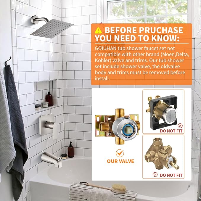 Brushed Nickel Tub Shower Faucet Set Complete with 8-Inch Rainfall Shower Head and Tub Spout Included Shower Valve Tub Shower Trim Kit Matte Black - Image 2