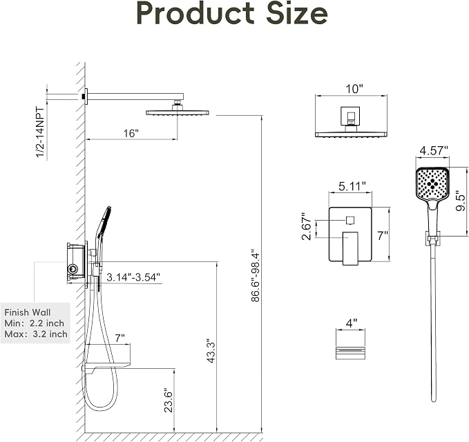 Gabrylly Shower System with Tub Spout, Wall Mounted Tub Shower Faucet Set for Bathroom with High Pressure 10" Rain Shower head and 3-Setting Handheld Shower Head Set,Brushed Nickel - Image 8