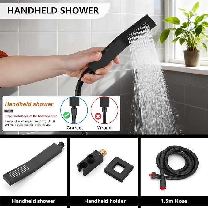 Midanya Shower System with Tub Spout,Bathtub Shower Faucet Set with Square Rainfall Head and Handheld Sprayer Wall Mount Tub Faucet Set with Valve and Trim Kit,8 Inch Matte Black - Image 7