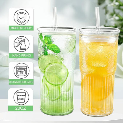 Luiaiog Glass Cups with Lids and Glass Straws, High Borosilicate 20OZ Tumblers (4Pcs) for Coffee, Tea, Juice, Smoothies, Hot/Cold Drinks at Home, Office - Image 2