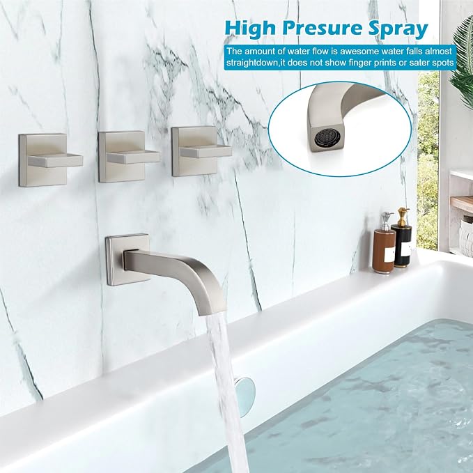 Midanya 3 Handle Tub Shower Faucet with Tub Spout,8-inch Rainfall Bathtub Rain Shower Faucet Set and Rough-in Valve Wall Mount Bathroom Trim Kit Shower System, Square Shower Head Brushed Nickel - Image 5