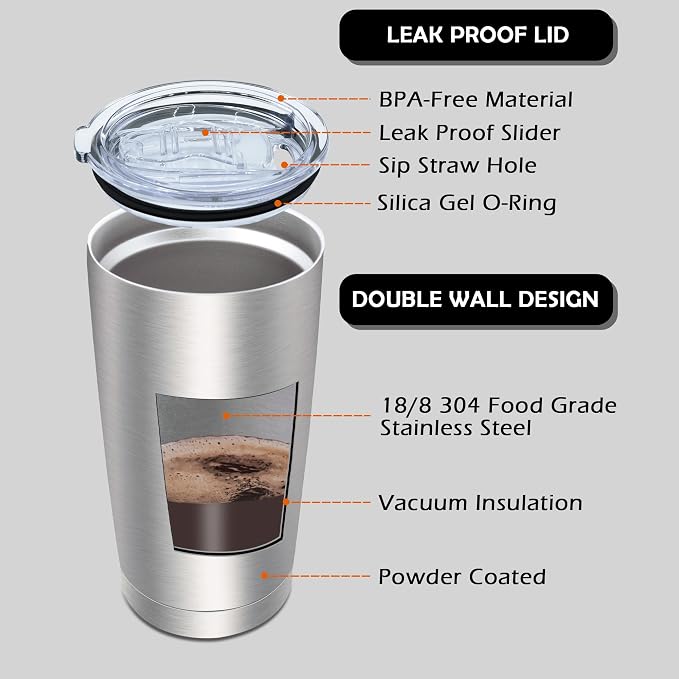 AIANJI 20oz Tumbler Bulk Stainless Steel Tumblers with Lid Vacuum Insulated Double Wall Travel Coffee Mug Powder Coated Tumbler Cup for Hot and Cold Drinks(Stainless Steel, 6 pack) - Image 3