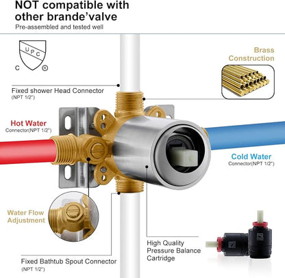 KENES Brushed Nickel Tub Shower Faucet Set Complete, Tub and Shower Trim Kit with 10-Inch Rain Shower Head, Square Shower System, KE-6024A (Shower Valve Included) - Image 7