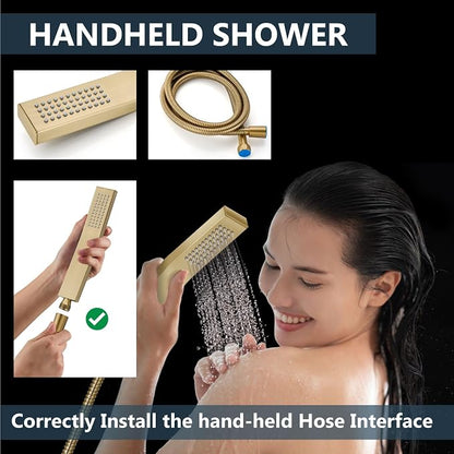 Aolemi Shower Faucet Set with Handheld Spray High Pressure Shower System Shower Faucets Sets Complete Rough-in Valve and Shower Trim Kit Wall Mount Rainfall 16 Inch LED Shower Head Brushed Gold - Image 7