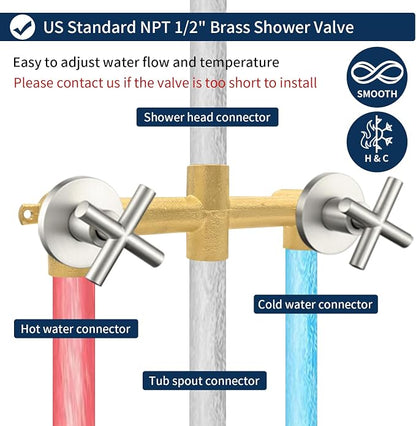 2 Handle Shower Faucet Set with Tub Spout Bathtub Shower Faucet Combo Set Shower System Complete Tub and Shower Trim Kit Brushed Nickel Wall Mounted Shower Fixtures - Image 4
