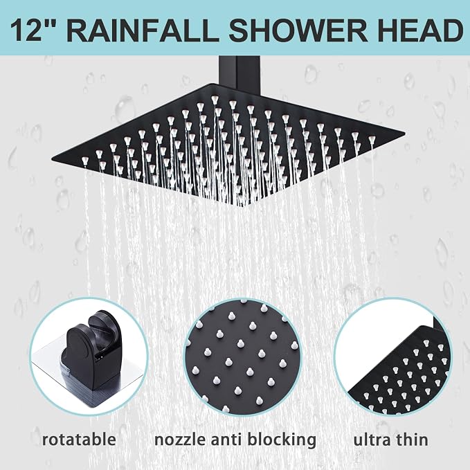 12 Inch Shower Faucet Set Ceiling Mount, High Pressure Rainfall Shower System, Square Rain Shower Spray Combo Luxury Shower Fixtures Matte Black - Image 3