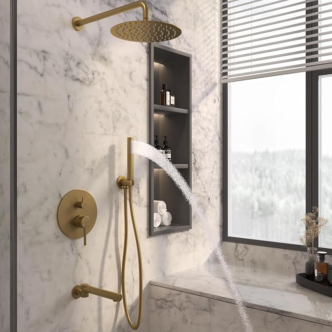 MONDAWE Round Shower Faucets Sets Complete with Tub Spout, Wall Mounted Shower System 10 Inch Rainfall Shower Head with Handheld Combo, Brushed Gold High Pressure Shower Faucet Set - Image 3