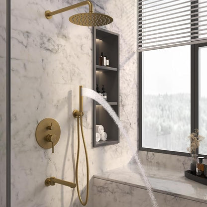 MONDAWE Round Shower Faucets Sets Complete with Tub Spout, Wall Mounted Shower System 10 Inch Rainfall Shower Head with Handheld Combo, Brushed Gold High Pressure Shower Faucet Set - Image 3