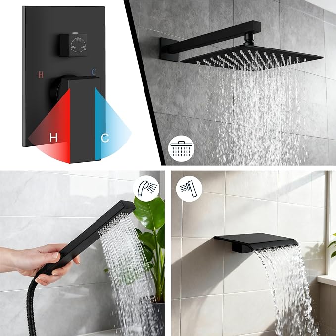 Midanya Shower System with Tub Spout,Bathtub Shower Faucet Set with Square Rainfall Head and Handheld Sprayer Wall Mount Tub Faucet Set with Valve and Trim Kit,10 Inch Matte Black - Image 4