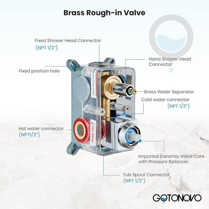 gotonovo Rainfall Tub Shower Faucet Set Bathroom Shower System with Tub Spout Wall Mount Square High Pressure Shower Fixtures with Handheld Sprayer Rough-In Valve 10'' Shower Head,Polished Chrome - Image 5