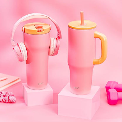 Zak Designs Sutton Travel Tumbler for On the Go, 40oz Stainless Steel with Vacuum Insulation, Silicone Straw, and Carry Handle for Cold Drinks (So Sweet Pink) - Image 9