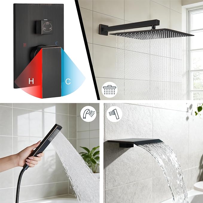 Midanya Shower System with Tub Spout,Bathtub Shower Faucet Set with Square Rainfall Head and Handheld Sprayer Wall Mount Tub Faucet Set with Valve and Trim Kit,16 Inch Oil Rubbed Bronze - Image 4