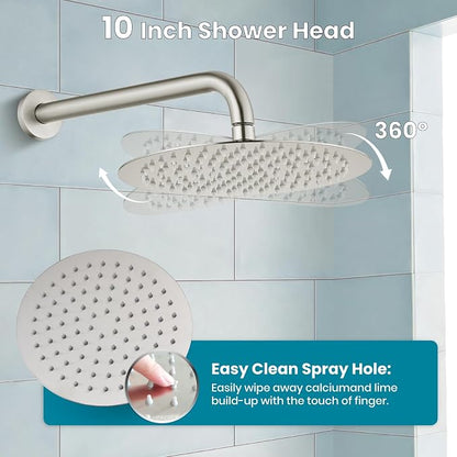 gotonovo Shower System with Tub Spout Wall Mount 3 Function Rough-in Valve Bathtub Shower Faucets Set Complete Rain 10 Inch Round Showerhead Trim Kit Combo, Cylindrical Handheld, Brushed Nickel - Image 5