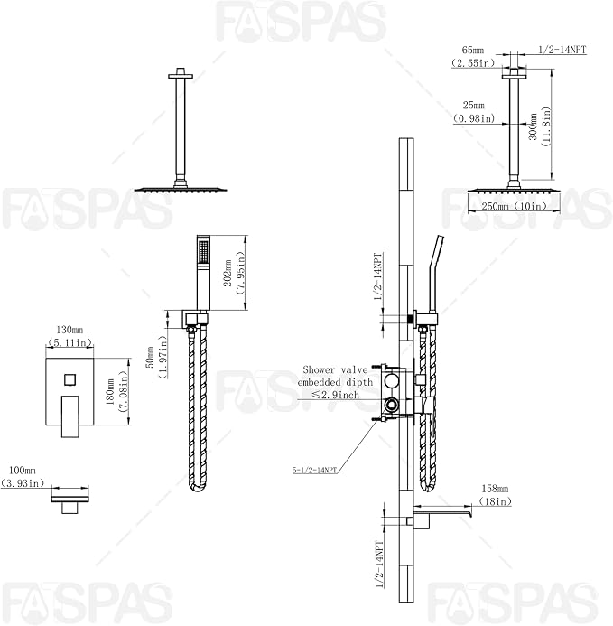 Ceiling Mount Shower System with Tub Spout, 10-Inch High-Pressure Rain Showerhead and Handheld Combo, Brushed Gold Shower Faucet Set with Rough-in Valve and Trim Kit, All-Metal - Image 7