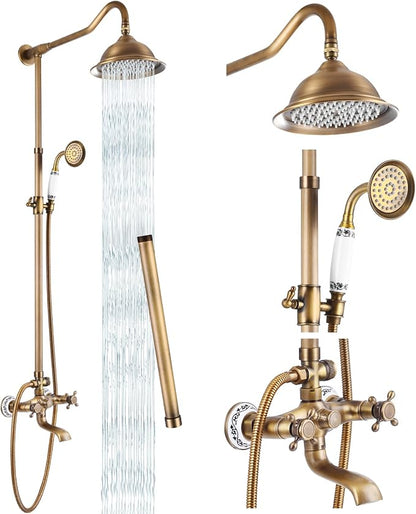 gotonovo Shower Fixture Faucet Set Complete Antique Brass Exposed Pipe Shower System 8 Rain Shower 2 Double Knobs Handle Triple Function Tub Spout Shower Combo Unit Set by HOME