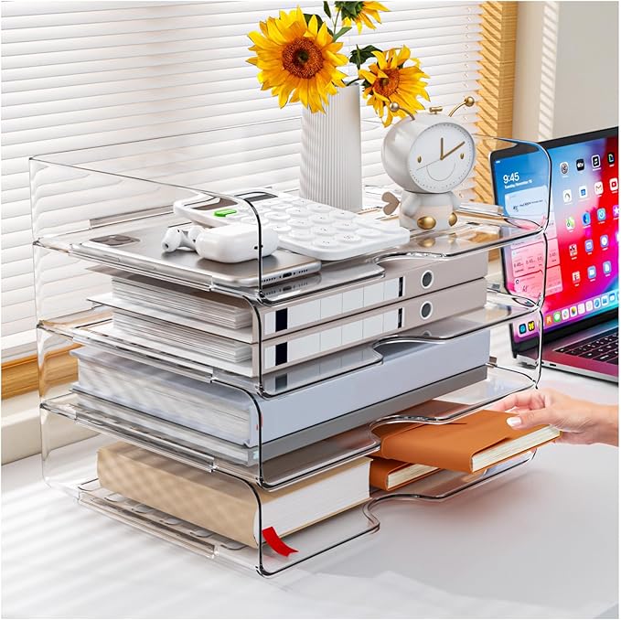 Paper Organizer Letter Tray, 4 Pack Acrylic Stackable Desk File Organizer - Image 2