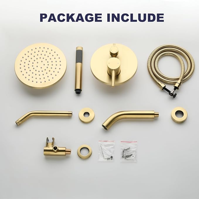 Shower System with Tub Spout, Gold Bathtub Shower Faucet Set, 8" Rain Shower Head and Handheld Spray Combo, Round Shower Head and Handle Set with Tub Spout (Valve Included), Brushed Gold - Image 9
