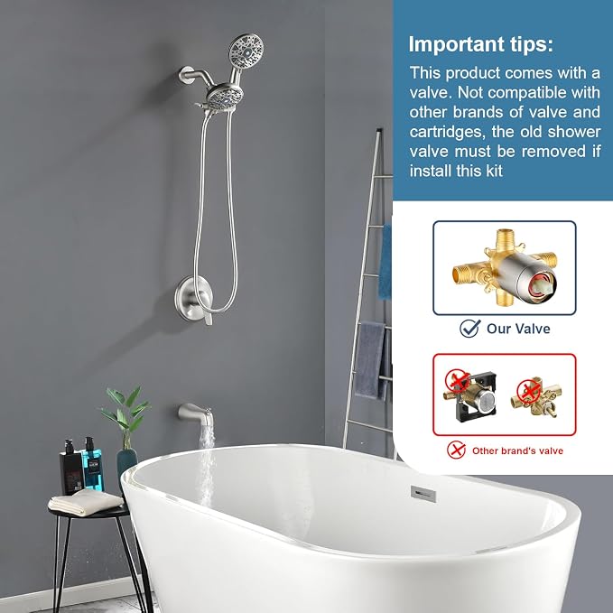 Tub and Shower Faucet Set Complete Dual Shower Head and Handheld 2 in 1 Combo Set Shower System with Tub Spout Tub and Shower Trim Kit Brushed Nickel - Image 2