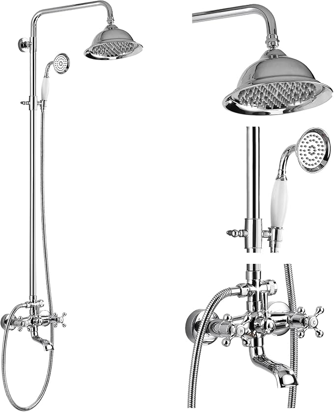 gotonovo Bathroom Exposed Shower Faucet Outdoor Shower System 8 Inch Rainfall Shower Head Set with Tub Spout and Handheld Spray Double Cross Handles Wall Mount without Shower Shelf Polished Chrome by HOME