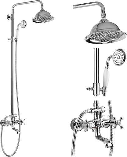 gotonovo Bathroom Exposed Shower Faucet Outdoor Shower System 8 Inch Rainfall Shower Head Set with Tub Spout and Handheld Spray Double Cross Handles Wall Mount without Shower Shelf Polished Chrome by HOME
