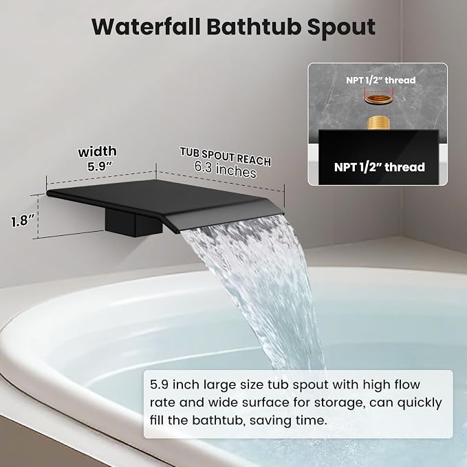 gotonovo 10'' Rain Shower Faucet System Rainfall Shower Head with Handheld Sprayer Waterfall Tub Spout Wall Mounted Mixer Combo Rough-in Valve and Trim Included 5.7 Inch Wide Spout Matte Black - Image 3