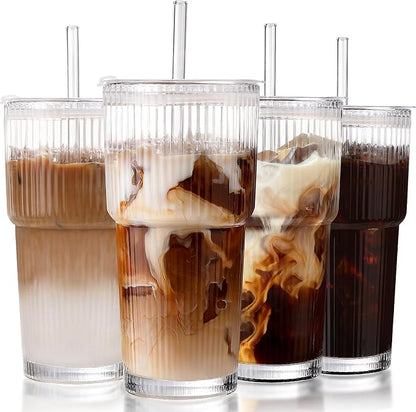 Iced Coffee Cups with Lids: Coffee Bar Accessories - Ribbed Glass Tumbler with Straw and Lid 4Pcs - 20oz Leak Proof Tumbler - Reusable Glass Cups and Tumblers with Lid and Straws for To Go Iced Coffee by DWTSDANWEITESI