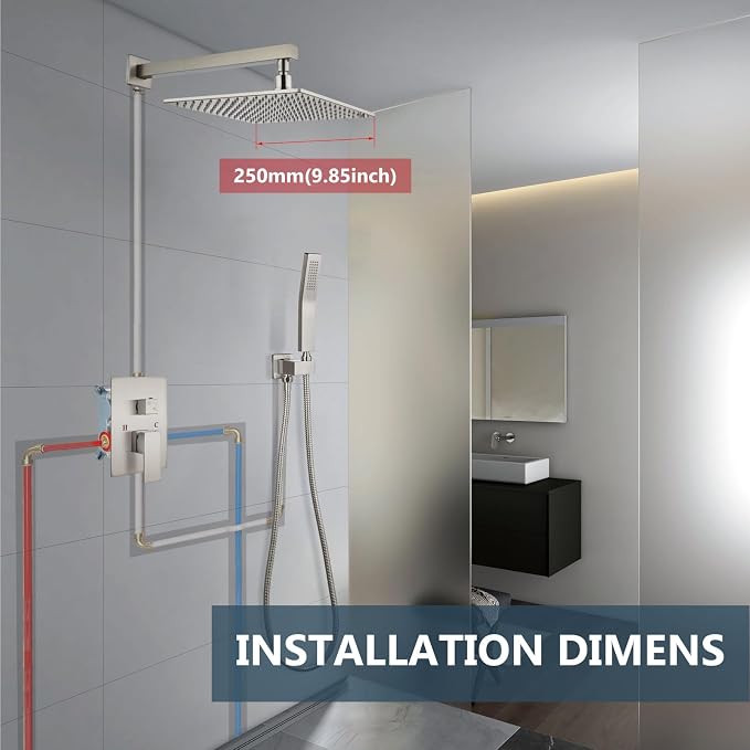 Aolemi Shower Faucet Set with Handheld Spray High Pressure Shower System Shower Faucets Sets Complete Rough-in Valve and Shower Trim Kit Wall Mount Rainfall 10 Inch LED Shower Head Brushed Nickel - Image 9