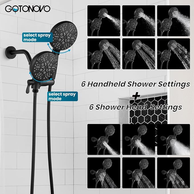 gotonovo Tub Shower Faucet Set,2 in 1 Dual Shower Head and Handle Set with Tub Spout Wall Mount Bathroom Shower Trim Kit with 3-way Water Diverter Valve Included Various Modes Matte Black - Image 5