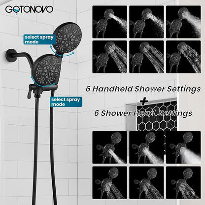 gotonovo Tub Shower Faucet Set,2 in 1 Dual Shower Head and Handle Set with Tub Spout Wall Mount Bathroom Shower Trim Kit with 3-way Water Diverter Valve Included Various Modes Matte Black - Image 5