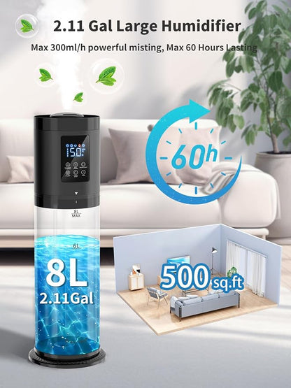 8L Humidifiers for Bedroom, 30dB Quiet, 500ft² Coverage, 60H Runtime, Top Fill, 3-in-1 Humidifier Large Room & Essential Oil Diffuser & Ambient Light, Sleep Mode, 16H Timer, Auto Shutoff Protection - Image 2