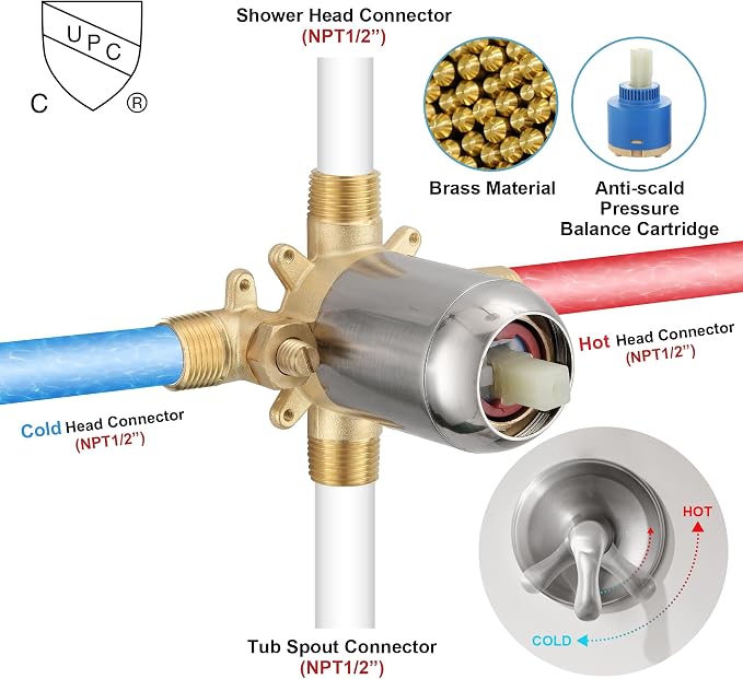 Tub Shower Faucet Set with Valve, Tub and Shower Faucet Set Complete Brushed Nickel, Single-Handle Tub and Shower Trim Kit with High-Pressure 6 Inch Rain Shower Head and Tub Spout - Image 6