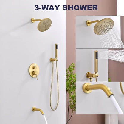 Shower System with Tub Spout, Gold Bathtub Shower Faucet Set, 8" Rain Shower Head and Handheld Spray Combo, Round Shower Head and Handle Set with Tub Spout (Valve Included), Brushed Gold - Image 4