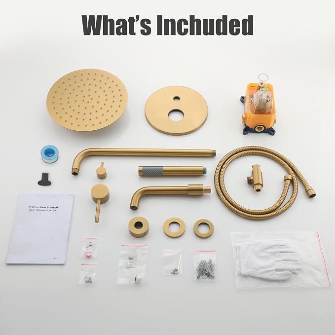 MONDAWE Round Shower Faucet Set with Tub Spout, Wall Mounted Shower System 10 Inch Rainfall Shower Head with Handheld Combo, Brushed Gold High Pressure Shower Faucets Sets Complete - Image 6