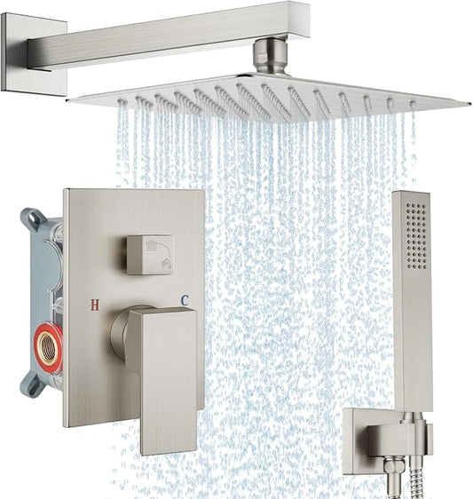 Midanya Shower Faucet Set,Wall Mount Shower System with Square Rain Shower Head and Hand Sprayer, Rough-in Valve Body and Trim Kit Included,10 Inch,Brushed Nickel by Midanya