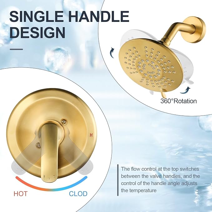 Shower Faucet with Valve, Bathroom Tub Shower Faucet Kit, Single Handle Rain Shower Head with Tub Spout, Solid Brass Shower Tub Faucet Set Complete, Bathtub Faucet with Shower, Brushed Gold - Image 3