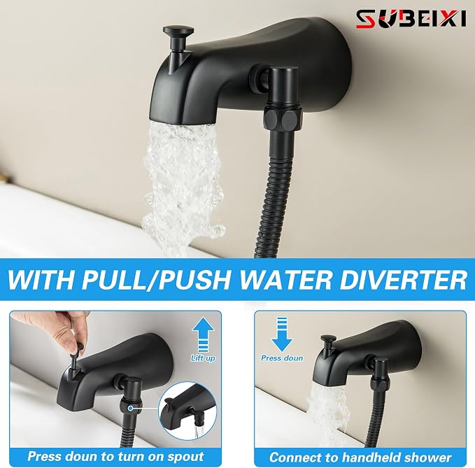 Black Tub Spout with Diverter,10 Settings High Pressure Hand held Shower with ON/OFF Pause Switch, All Metal Bathtub Faucet with Sprayer - Image 6