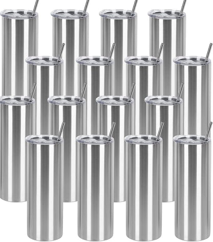 16 Pack 20 Oz Straight Skinny Tumblers,Individually Gift Boxed Stainless Steel Slim Skinny Tumbler Set Bulk, 20 Oz Insulated Slim Thin Travel Tumbler Cup for Diy, Silver by Wzaytia