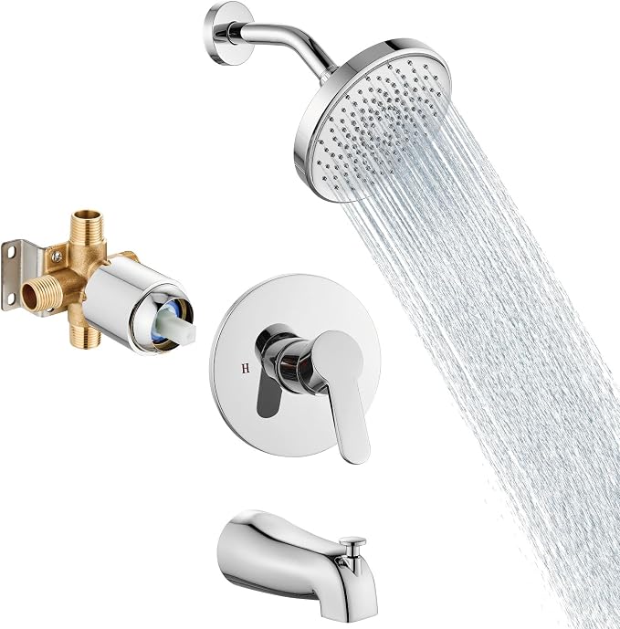 Aolemi Tub Shower Faucet Set With Valve Wall Mount Shower Trim Kit 6 Inch Bathtub Fixtures Rough-in Valve Single-Spray Shower Head System 5.3 Inch Tub Spout Polish Chrome Modern by Aolemi