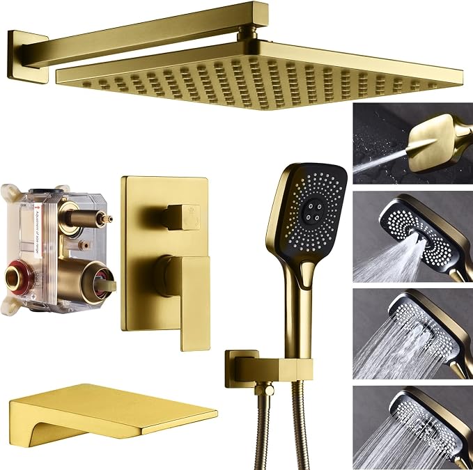Shower System with Tub Spout 10 Inch Overhead Shower 4 Setting Handheld Spray Rough In Pressure Balance Valve Body with Trim Kit Wall Mounted Rainfall Bathtub Shower Faucet Set (Brushed Gold) by YESIMI