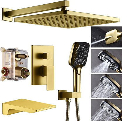 Shower System with Tub Spout 10 Inch Overhead Shower 4 Setting Handheld Spray Rough In Pressure Balance Valve Body with Trim Kit Wall Mounted Rainfall Bathtub Shower Faucet Set (Brushed Gold) by YESIMI