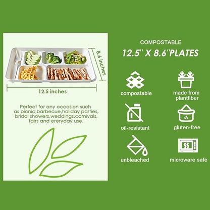 Vplus 100% Compostable 6 Compartment Plates, 90 Pack Compartment Paper Plate - Image 3