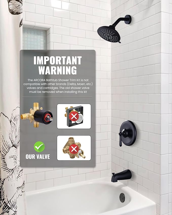 Shower Faucet Set Matte Black: ARCORA Bathtub Faucet Set with 6-Inch Rain Showerhead and Tub Spout, Single-Handle Tub and Shower Trim Kit (Valve Included) - Image 6
