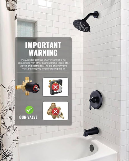 Shower Faucet Set Matte Black: ARCORA Bathtub Faucet Set with 6-Inch Rain Showerhead and Tub Spout, Single-Handle Tub and Shower Trim Kit (Valve Included) - Image 6