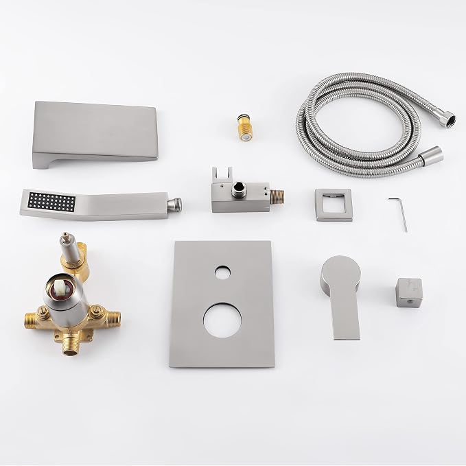 SHAMANDA Waterfall Wall Mounted Bathtub Faucet with Hand Shower, Bathroom Single Handle Tub Faucet Modern Brass Tub Shower Faucet Set(Including Rough-In Valve Body and Trim), Brushed Nickel, L901-2 - Image 9