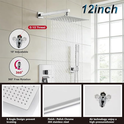 Midanya Rain Shower System Tub Shower Faucet Set Square Rainfall Waterfall Shower Head with Handheld Sprayer Tub Spout Combo Wall Mounted bathtub faucet set Rough-in Valve, 12 Inch Polish Chrome - Image 8